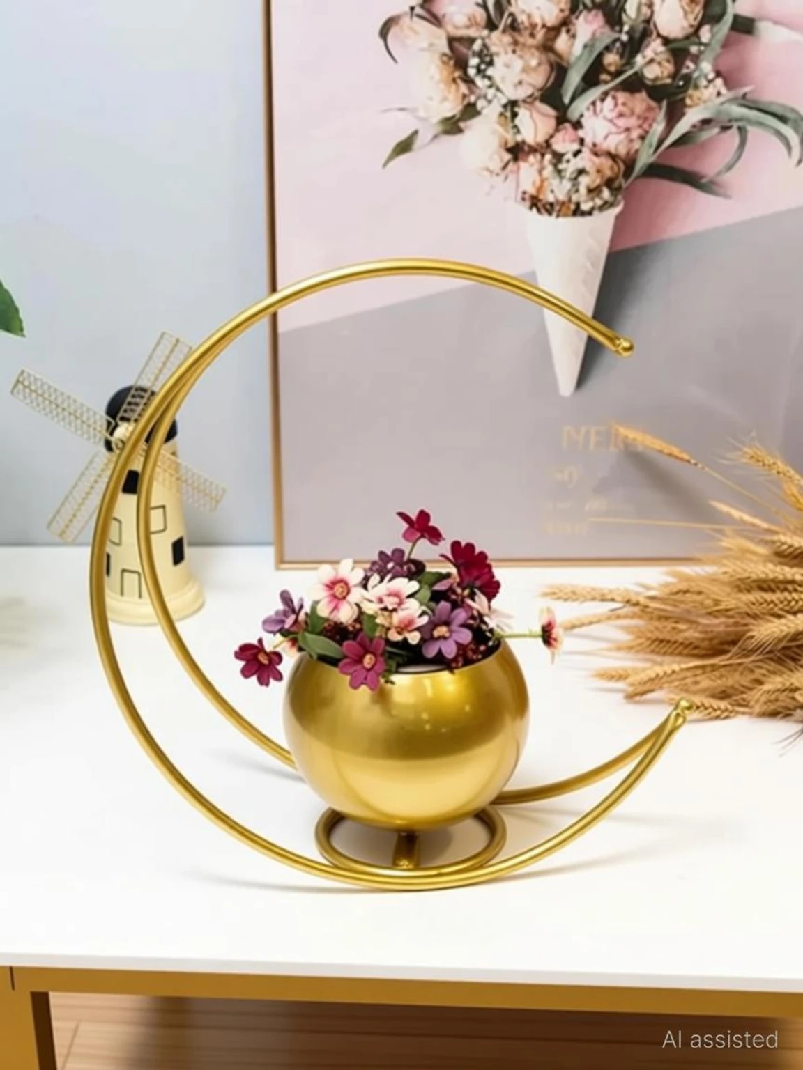 Key Highlights Key Highlights Key Highlights MUMBLES Creative metal geometric home designer vase Iron Vase (9 inch, Gold) - Image 2