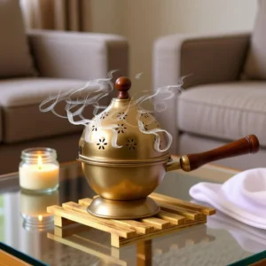 Sales Package ONE WOODEN HANDLE Brand Qadri Arts Model Name Premium Metal Dhoop Dani Incense Stand | Indian Puja Dhoop Dani with Handle Model Number QA47 GOLD Type Incense Holder Material Iron Color Gold Shade Gold